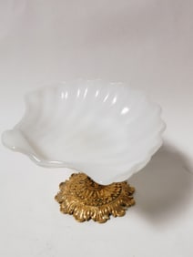 Vintage Milk Glass Shell Brass Stand Compote
