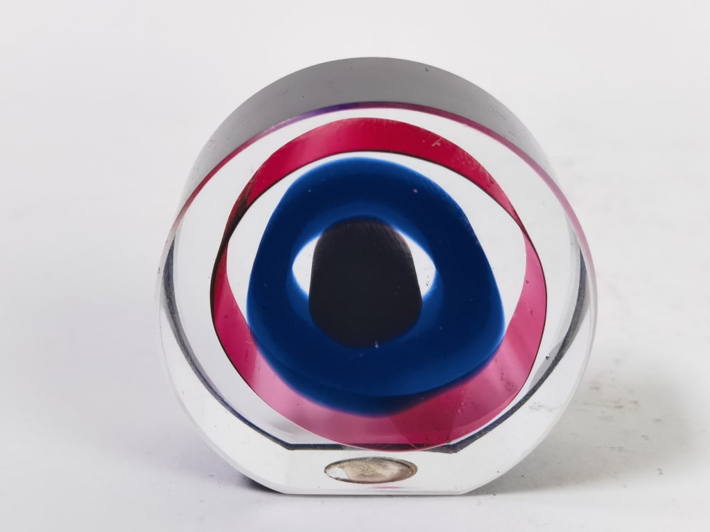 Vintage Blue and Pink Round Glass Paperweight: Vintage Blue and Pink Round Glass Paperweight, 2in
