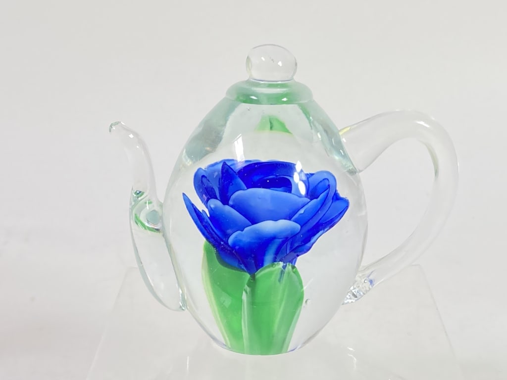 Vintage Blue Flower Teapot Glass Paperweight: Vintage Blue Flower Teapot Glass Paperweight, 3.25in by 3 7/8in