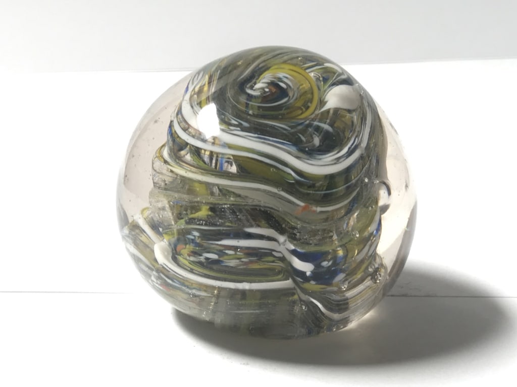 Unmarked White/Blue/Yellow Swirl Glass Paperweight: Unmarked White/Blue/Yellow Swirl Glass Paperweight, 2.25in by 2 5/8in