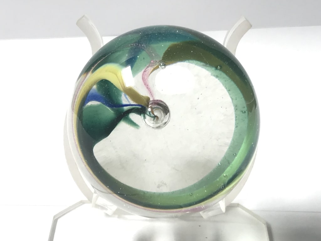 Unmarked Pink/Yellow/Blue/Green Swirl Glass Paperw: Unmarked Pink/Yellow/Blue/Green Swirl Glass Paperweight, 2 5/8in by 3.25in
