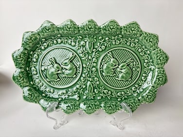 Bordallo Pinheiro Porcelain Rabbit Green Accent Ov