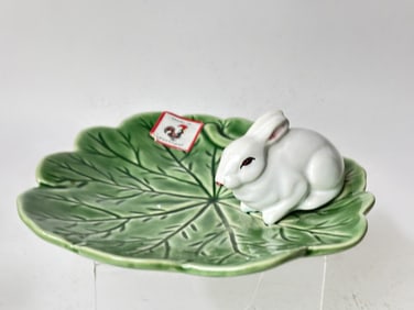 Bordallo Pinheiro Porcelain Rabbit Green Leaf Dish