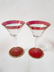 Pr. of Gilt Ruby/Clear Martini Glasses