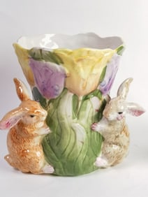 Vintage Porcelain Easter Bunnies Floral Vase