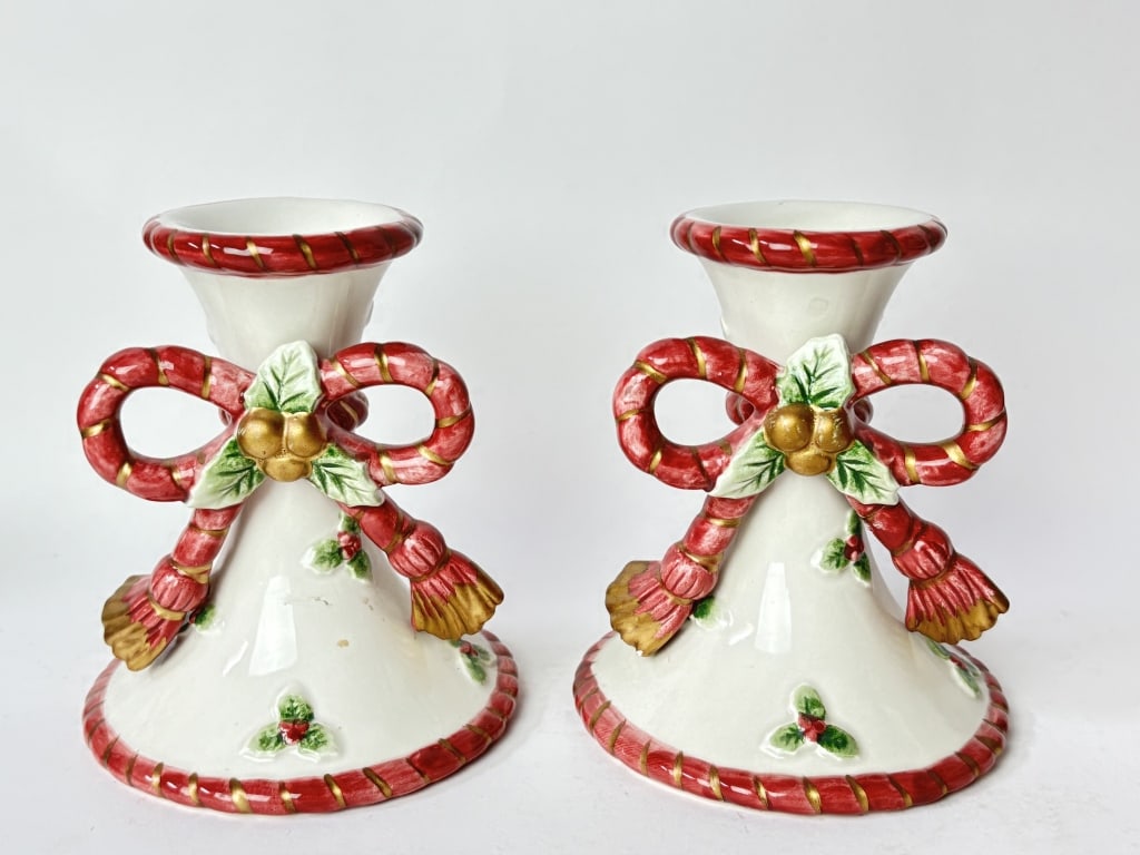 1994 Fitz & Floyd Porcelain Christmas Candlesticks: 1994 Fitz & Floyd Porcelain Christmas Candlesticks, 5.25in