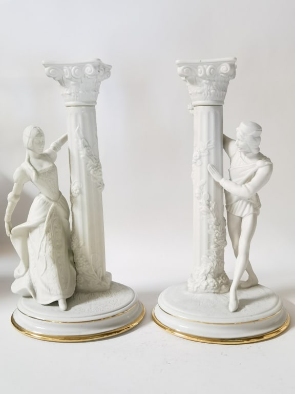 Pr. of 1986 Franklin Mint Romeo and Juliet Candles: Pr. of 1986 Franklin Mint Romeo and Juliet Candlesticks, 10in