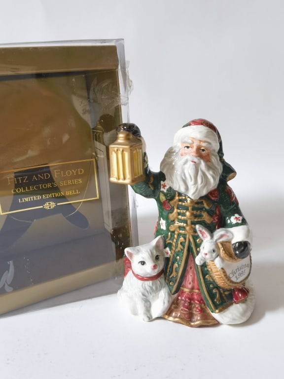 1995 Vintage Fitz & Floyd Porcelain Father Christm: 1995 Vintage Fitz & Floyd Porcelain Father Christmas Bell, 5.5in
