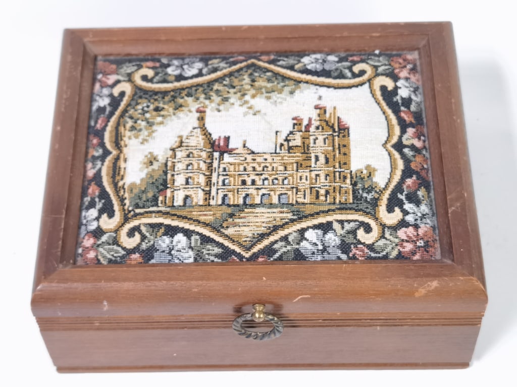 Vintage Micro Needlepoint Wood Jewelry Box: Vintage Micro Needlepoint Wood Jewelry Box, 3.5in by 8.5in by 6.75in