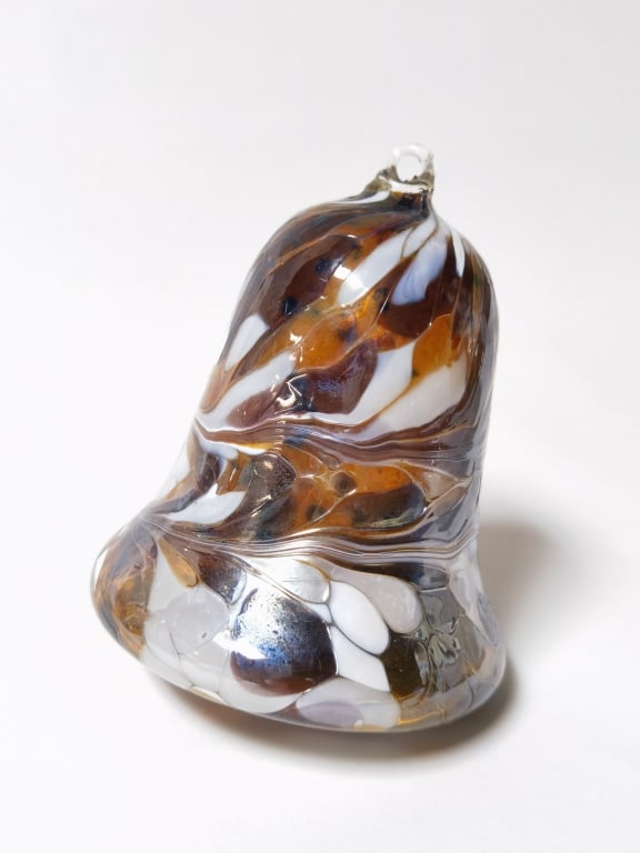 Vintage Amber/White Iridescent Glass Bell Ornament: Vintage Amber/White Iridescent Glass Bell Ornament, 5.75in