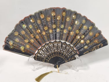 Vintage Embroidered Black Fabric Fan