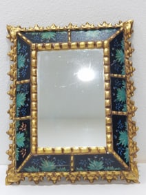 Vintage Painted Glass Inlay Gilt Wood Carved Mirro