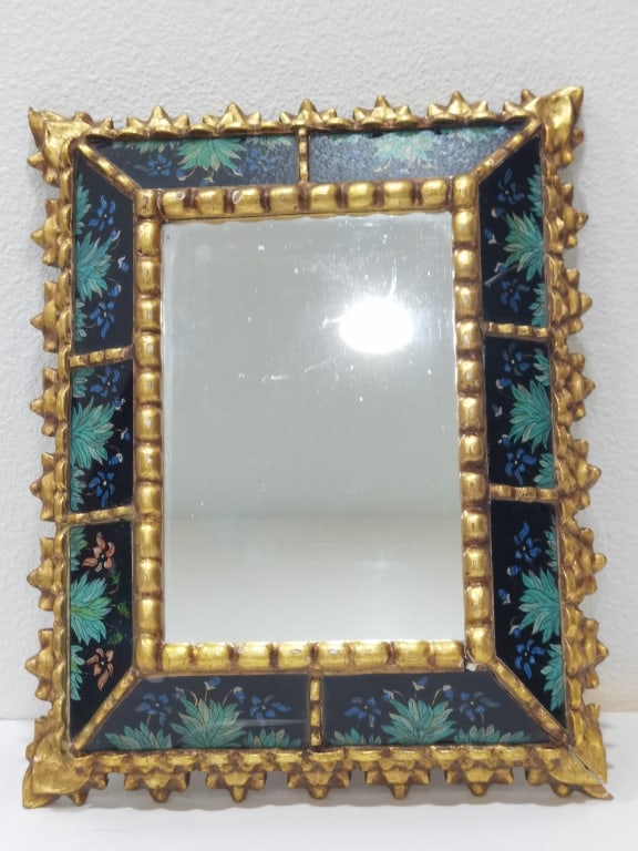 Vintage Painted Glass Inlay Gilt Wood Carved Mirro: Vintage Painted Glass Inlay Gilt Wood Carved Mirror, 15.5in by 12.5in