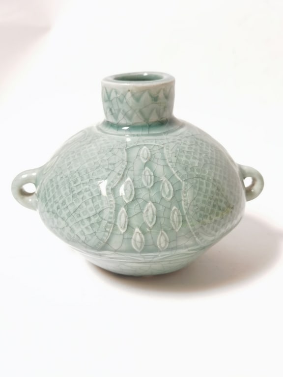 Vintage Celadon Glaze Jar: Vintage Celadon Glaze Jar, 4.5in by 6in
