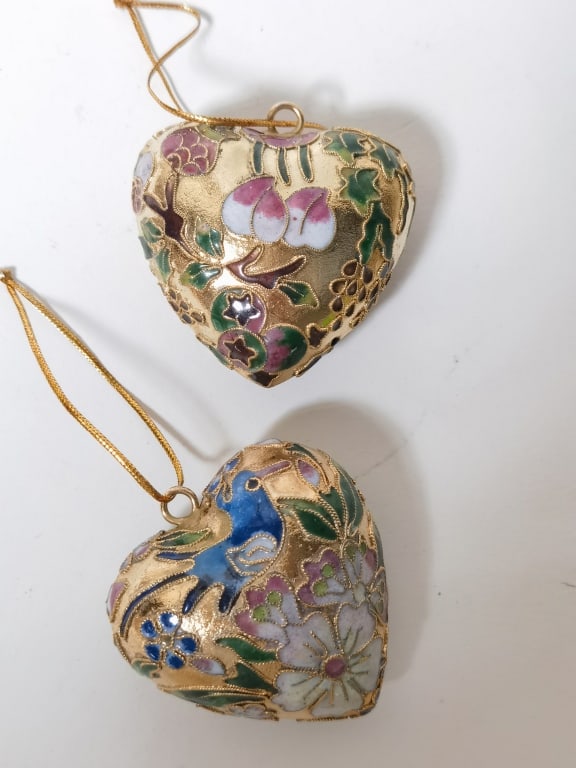 (2) Cloisonne Heart Ornaments: (2) Cloisonne Heart Ornaments, 2in