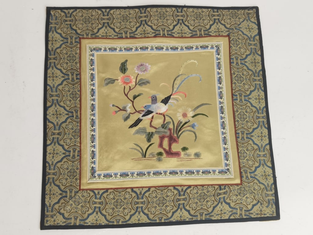 Chinese Bird and Flowers Embroidery: Chinese Bird and Flowers Embroidery, 10.5in