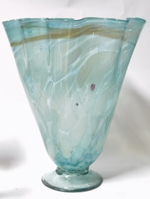 Large Vintage Blue and White Ruffled Art Glass Vas