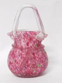 Vintage Murano Italy Pink Splatter Glass Purse Vas