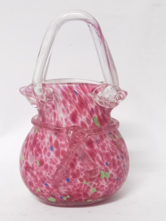 Vintage Murano Italy Pink Splatter Glass Purse Vas: Vintage Murano Italy Pink Splatter Glass Purse Vase, 8.75in