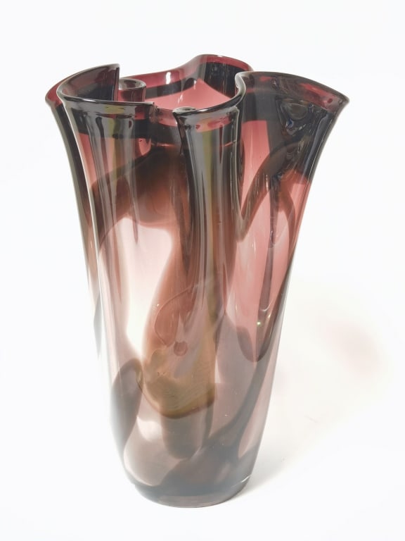 Poland Amethyst Swirl Glass Handkerchief Vase: Poland Amethyst Swirl Glass Handkerchief Vase, 14in by 9.5in
