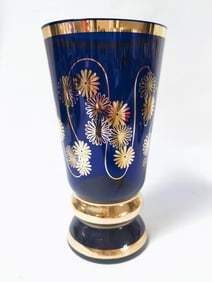 Vintage Bohemian Gilt Cobalt Blue Glass Vase