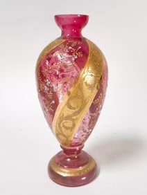 Vintage Bohemian Gilt Cranberry Floral Glass Vase