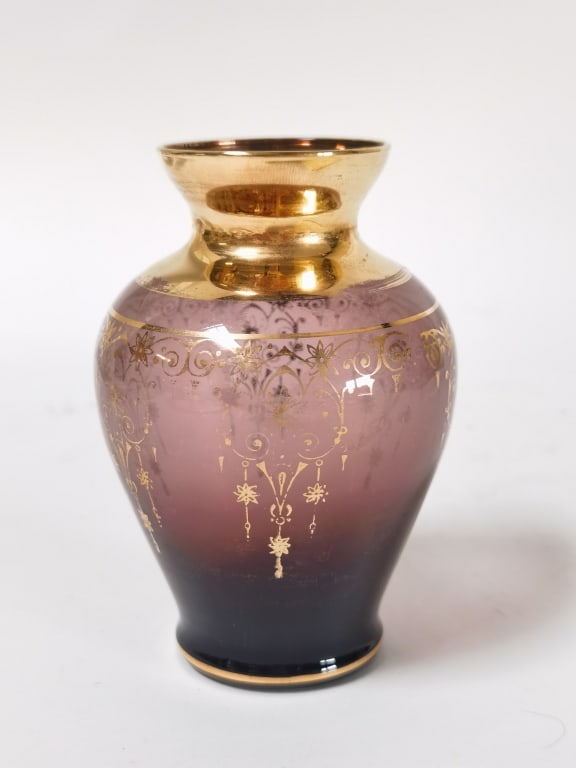 Vintage Bohemian Gilt Amethyst Glass Vase: Vintage Bohemian Gilt Amethyst Glass Vase, 4 1/8in