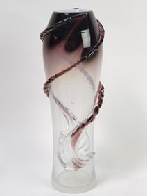 Vintage Amethyst to Clear Art Glass Ribbon Vase