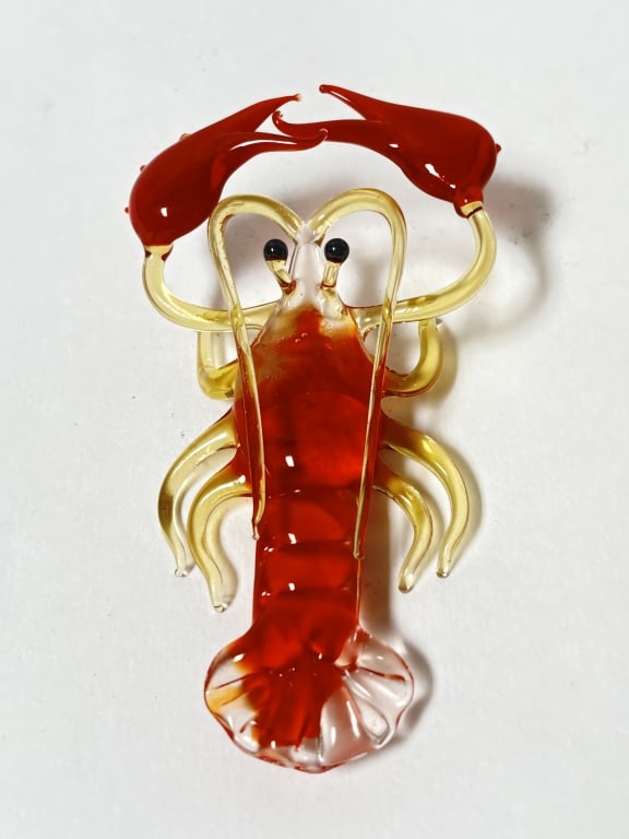 Vintage Murano Italy Amber and Red Art Glass Lobst: Vintage Murano Italy Amber and Red Art Glass Lobster, 1.75in by 5.5in