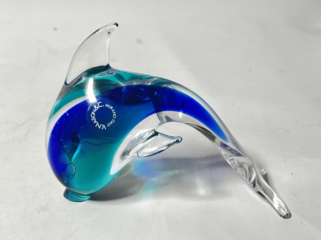 Vintage Murano Italy Blue Green Art Glass Fish: Vintage Murano Italy Blue Green Art Glass Fish, 4.75in by 5.5in