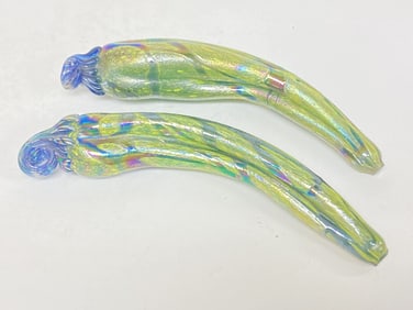 (2) Iridescent Art Glass Green Peppers
