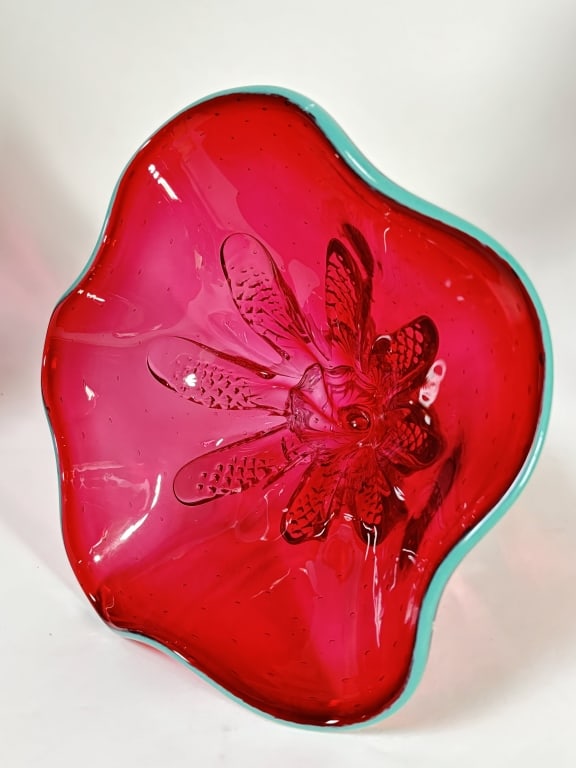 Vintage Gwen Knight Controlled Bubble Ruby Red Gla: Vintage Gwen Knight Controlled Bubble Ruby Red Art Glass Decor, 6.5in by 7.5in