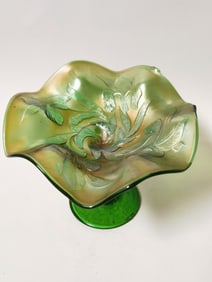 Vintage Fenton Carnival Glass Iris Green Compote