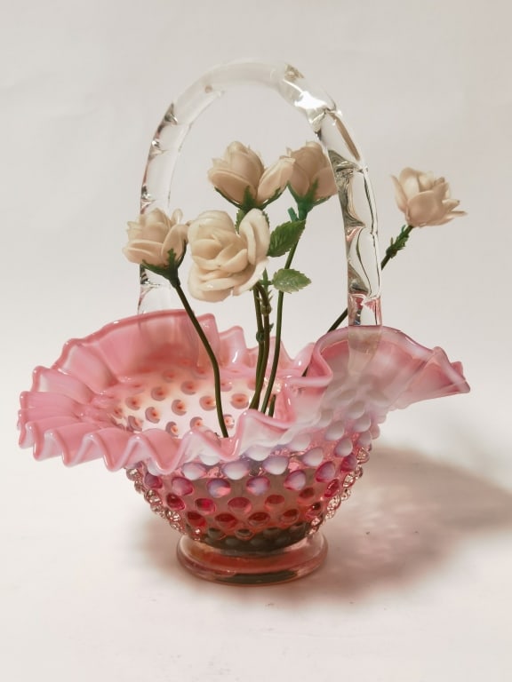 Vintage Fenton Pink Ombre Hobnail Glass Basket: Vintage Fenton Pink Ombre Hobnail Glass Basket with Flowers, 8in by 7in