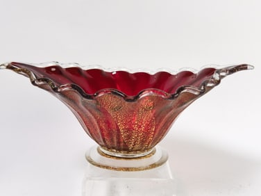 Vintage Murano Italy Glitter Ruby Ruffled Glass Bo
