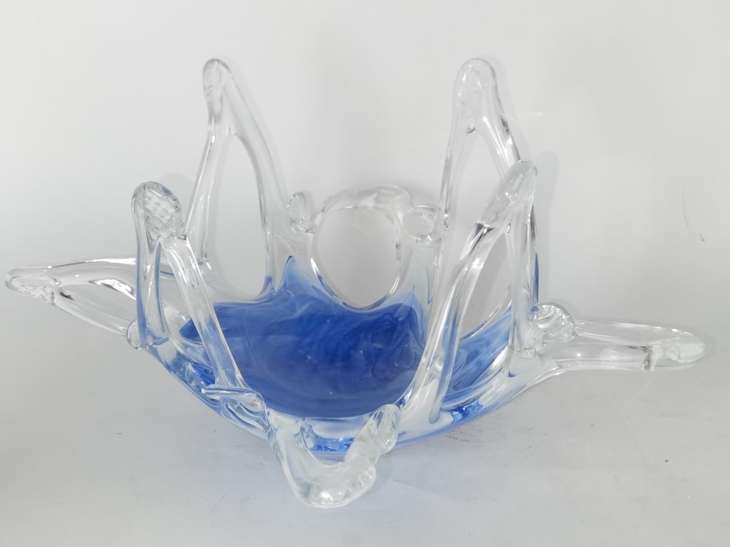 Vintage Murano Italy Blue/Clear Glass Bowl: Vintage Murano Italy Blue/Clear Glass Bowl, 7.25in by 14.5in