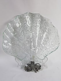 Vintage Large Seashell Glass Platter with Metal De