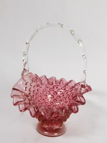 Vintage Fenton Cranberry Hobnail Ruffled Glass Bas