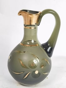 Vintage Bohemian Gilt Smokey Green Glass Cruet
