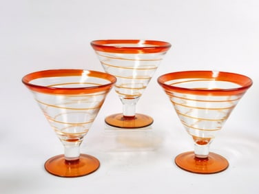 (3) Vintage Hand Blown Orange Swirl Martini Glasse