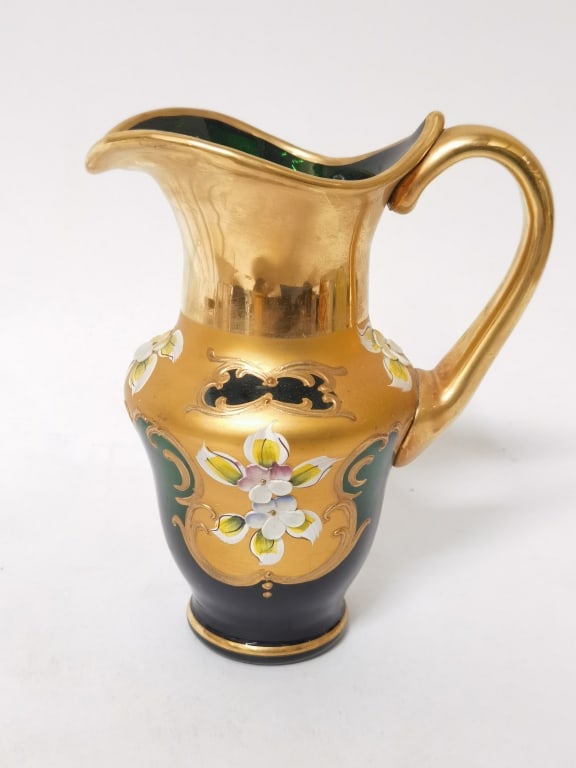 Vintage Murano Italy Gilt Hand Painted Emerald Gla: Vintage Murano Italy Gilt Hand Painted Emerald Glass Creamer, 6.75in