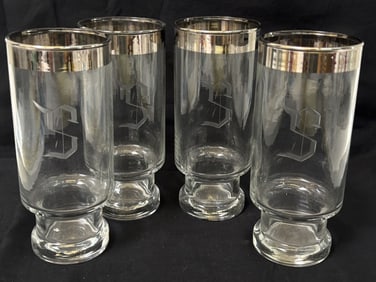 (4) Vintage Silver Gilt Rim Highball Whiskey Glass