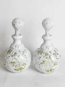 (2) Antique Green Floral Satin Glass Perfume Bottl