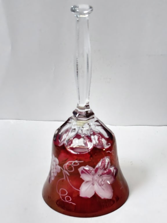 Vintage Fenton Ruby Cut-to-Clear Glass Dinner Bell: Vintage Fenton Ruby Cut-to-Clear Glass Dinner Bell, 7.75in