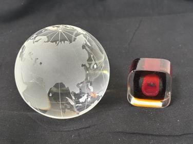 Vintage Oleg Cassini Globe Glass Paperweight and S