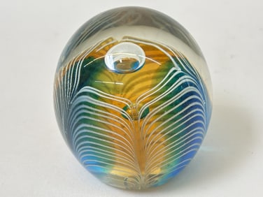 Vintage Pulled Feather Blue/Yellow Glass Paperweig
