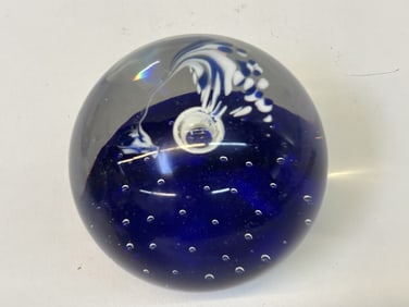 Vintage Blue Bubble Swirl Glass Paperweight