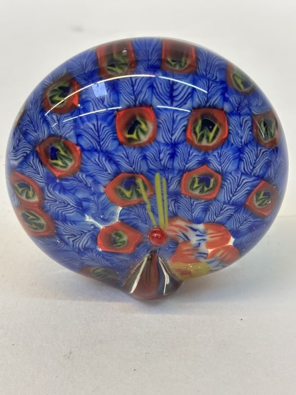 Vintage Murano Italy Millefiori Peacock Glass Pape: Vintage Murano Italy Millefiori Peacock Glass Paperweight, 1.5in by 2.75in