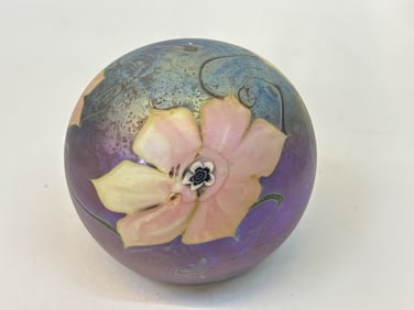 1985 Vandermark Iridescent Floral Glass Paperweigh