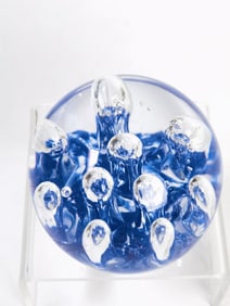 Vintage Blue Bubble Glass Paperweight